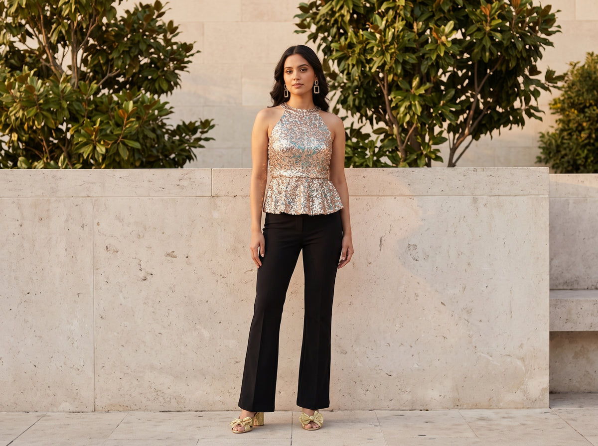 Woman in a multicolour sequin halter top with black flare pants, gold bow sandals and gold drop earrings