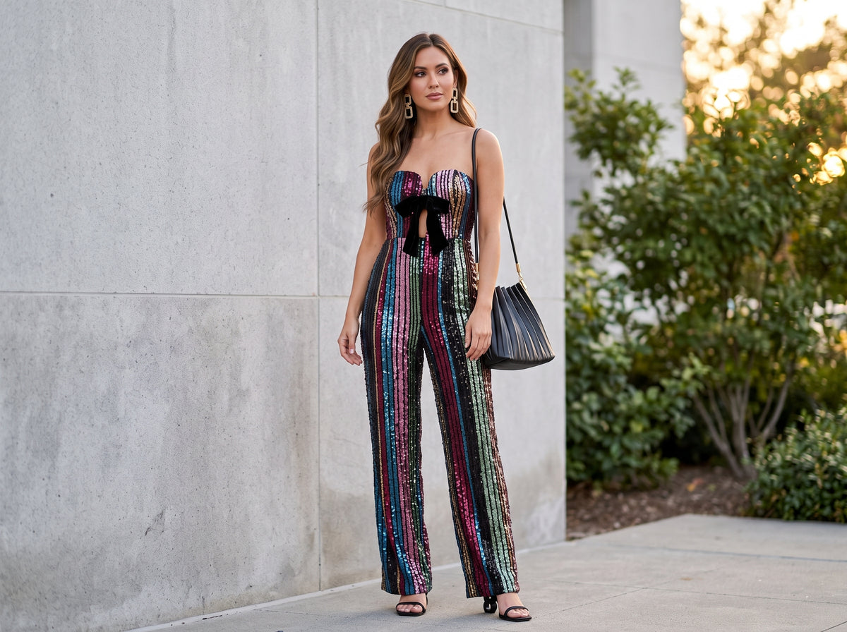 Woman in a multicolour sequin strapless jumpsuit with black heeled sandals, a black pleated bag and gold drop earrings