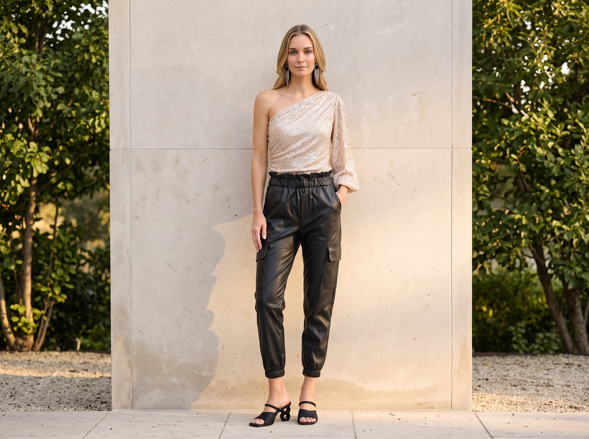 Woman in a one-shoulder sequin top with black faux leather joggers, black heeled sandals and silver earrings