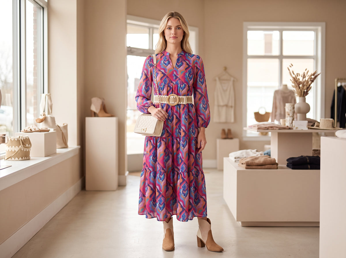 Woman in a pink and purple print long-sleeve dress with a beige braided belt, cream quilted bag and suede ankle boots