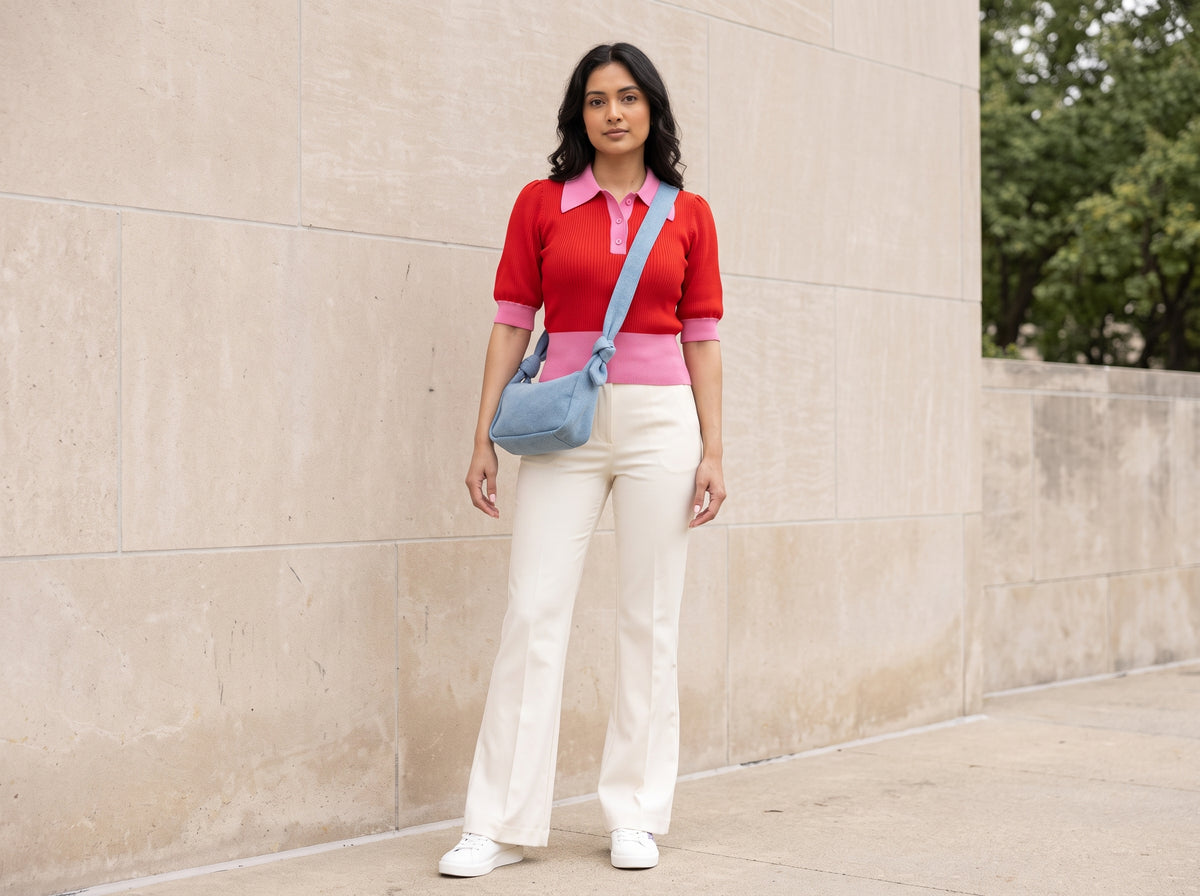 Woman in a pink and red colour-block polo sweater with cream flare jeans, white sneakers and a denim crossbody