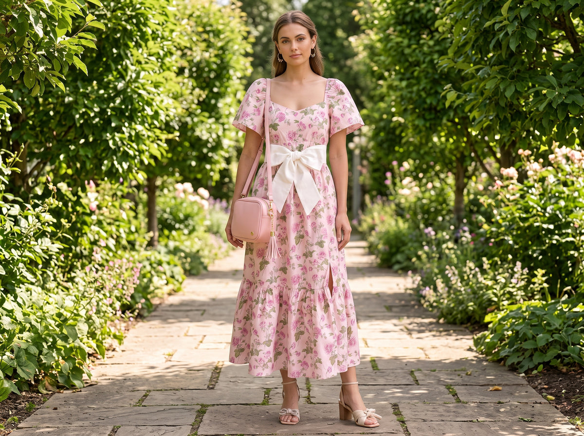 Woman in a pink floral flutter-sleeve dress with a bow belt, beige block-heel sandals, a pink tassel bag and gold bow hoops