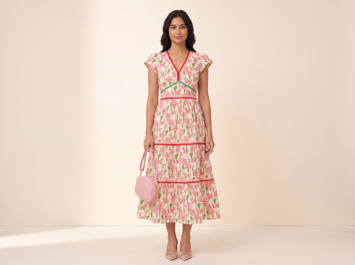 Woman in a pink floral poplin tiered V-neck dress with beige slingbacks, a pink tassel handbag and a gold pearl necklace