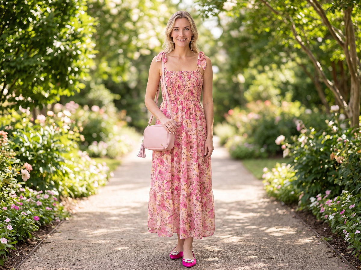 Woman in a pink floral smocked maxi dress with pink satin slingbacks, a pink tassel bag and gold bow hoops