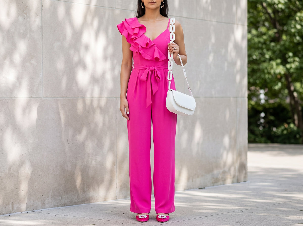 Woman in a pink ruffle-shoulder jumpsuit with pink satin slingbacks, a white chain shoulder bag and gold bow hoops