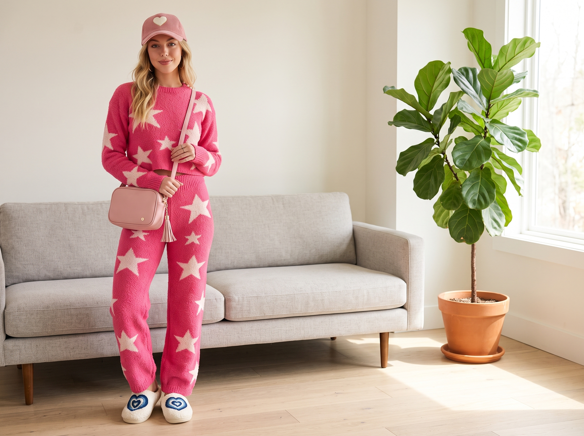 Woman in a pink star-print lounge set with heart slippers, a pink heart cap and a pink crossbody