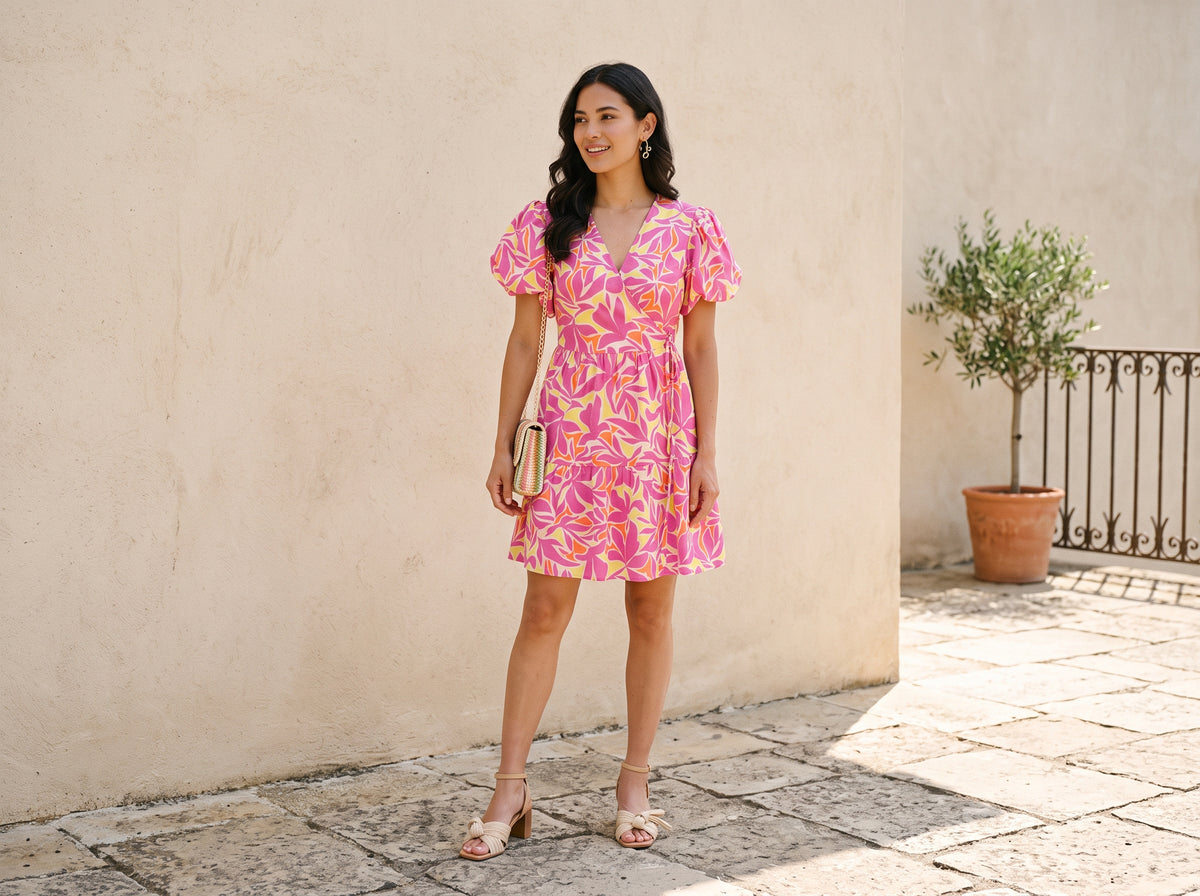 Woman in a puff-sleeve wrap short dress with beige block-heel sandals, a multicolour woven crossbody bag and gold bow hoops