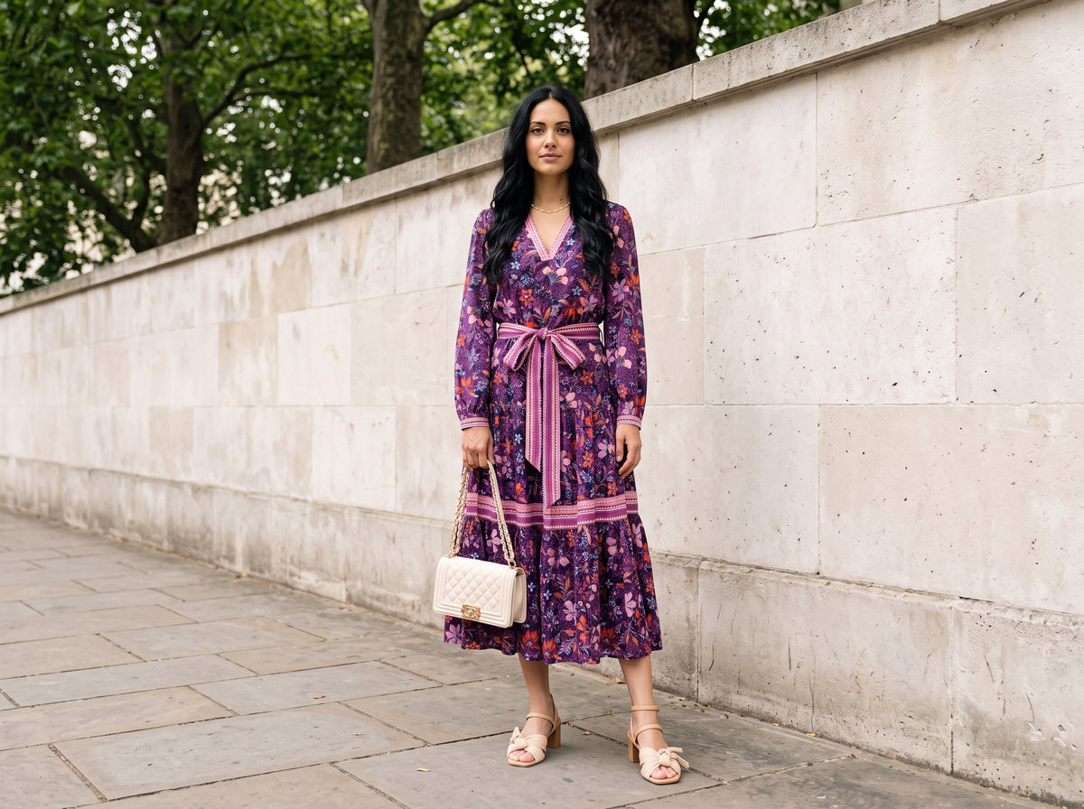 Woman in a purple floral midi dress with a cream quilted shoulder bag, gold pearl necklace and beige pleated-bow block-heel sandals