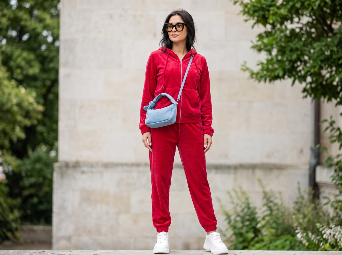Woman in a red faux fur hoodie and pants set with white sneakers, a denim crossbody and black sunglasses
