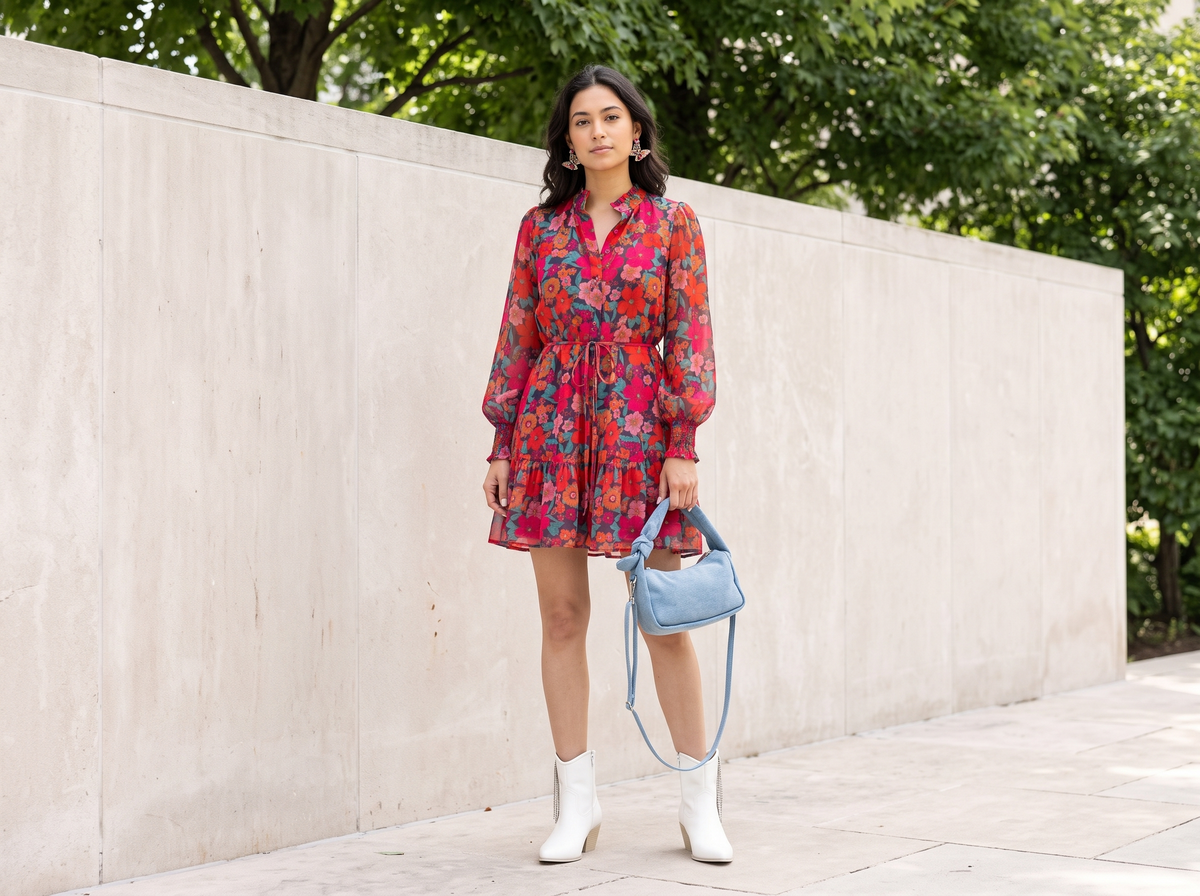 Woman in a red floral mini dress with white fringe western booties, a denim crossbody and butterfly earrings