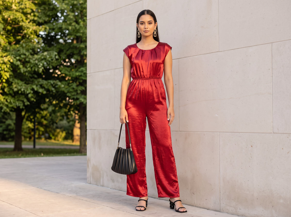 Woman in a red satin jumpsuit with black heeled sandals, a black pleated shoulder bag and gold drop earrings