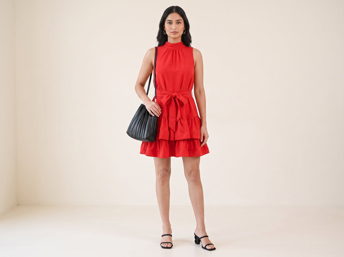 Woman in a red sleeveless ruffle tiered mini dress with a tie waist, a black pleated shoulder bag and gold hoops