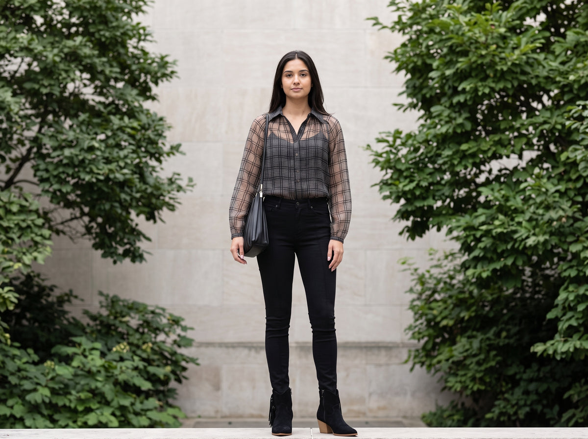 Woman in a sheer black plaid blouse with black skinny jeans, black fringe ankle boots and a black pleated bag