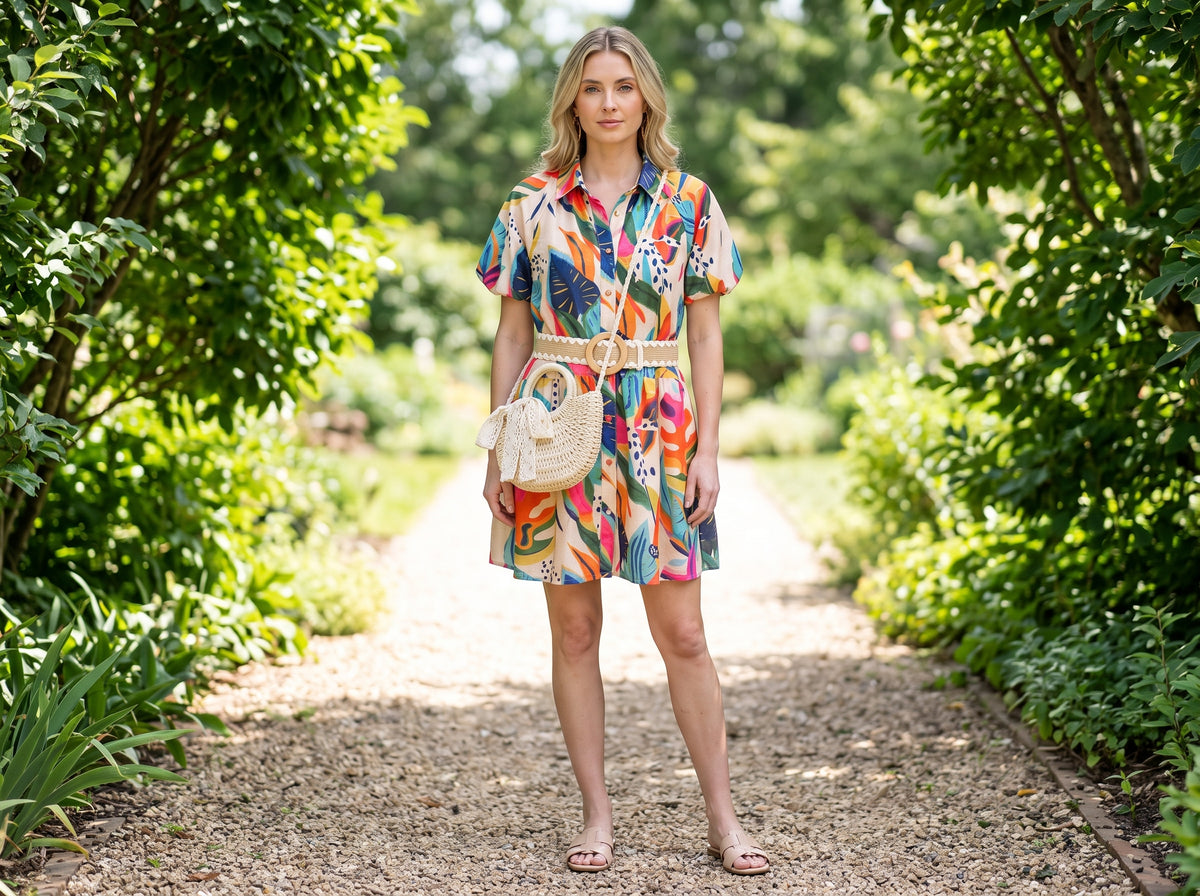 Woman in a tropical shirt dress with a beige woven belt, beige slide sandals and a straw crossbody bag