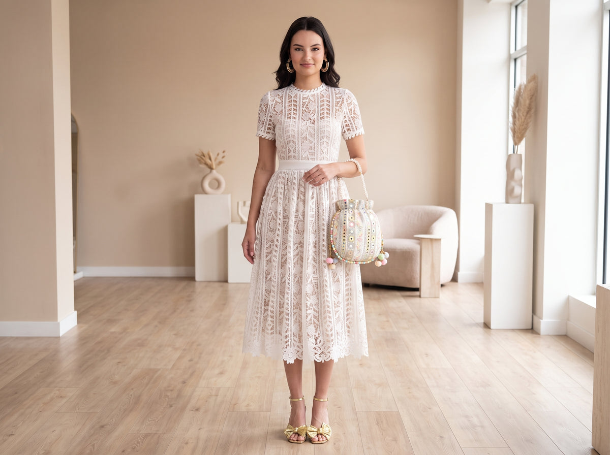 Woman in a white lace summer midi dress holding a pastel embroidered potli bag, with gold bow heeled sandals and gold hoop earrings