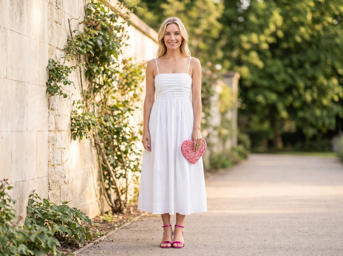 Woman in a white pleated midi dress holding a heart-shaped sprinkles beaded clutch, wearing a gold heart ring