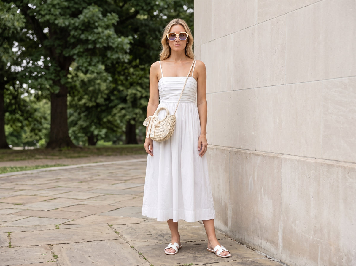 Woman in a white pleated midi dress with a straw crossbody bag, oversized sunglasses and white croc-effect slide sandals
