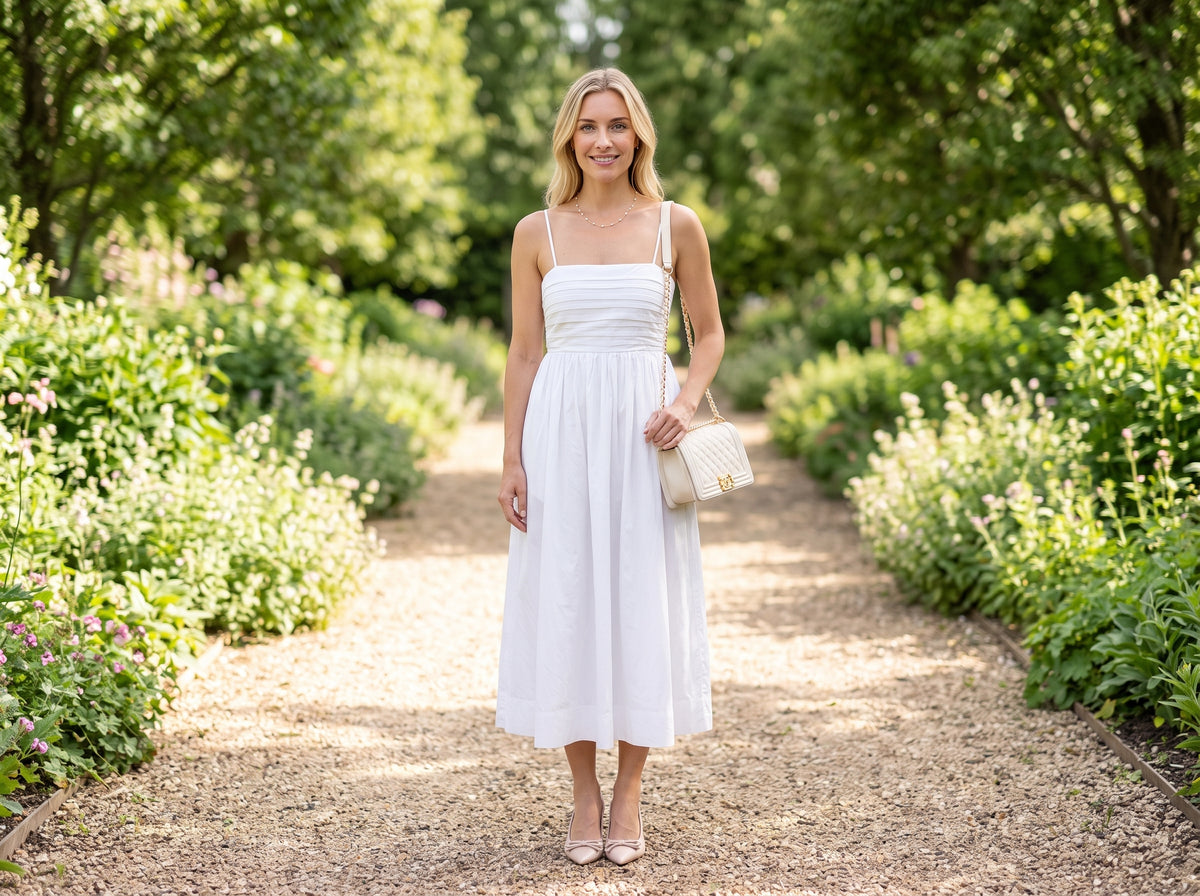Woman in a white pleated midi dress with beige slingback heels, a beige quilted shoulder bag and a gold pearl necklace