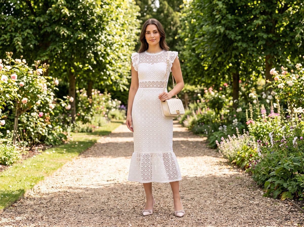 Woman in a white scalloped lace ruffle-sleeve midi dress with beige slingbacks, a beige quilted bag and a gold pearl necklace