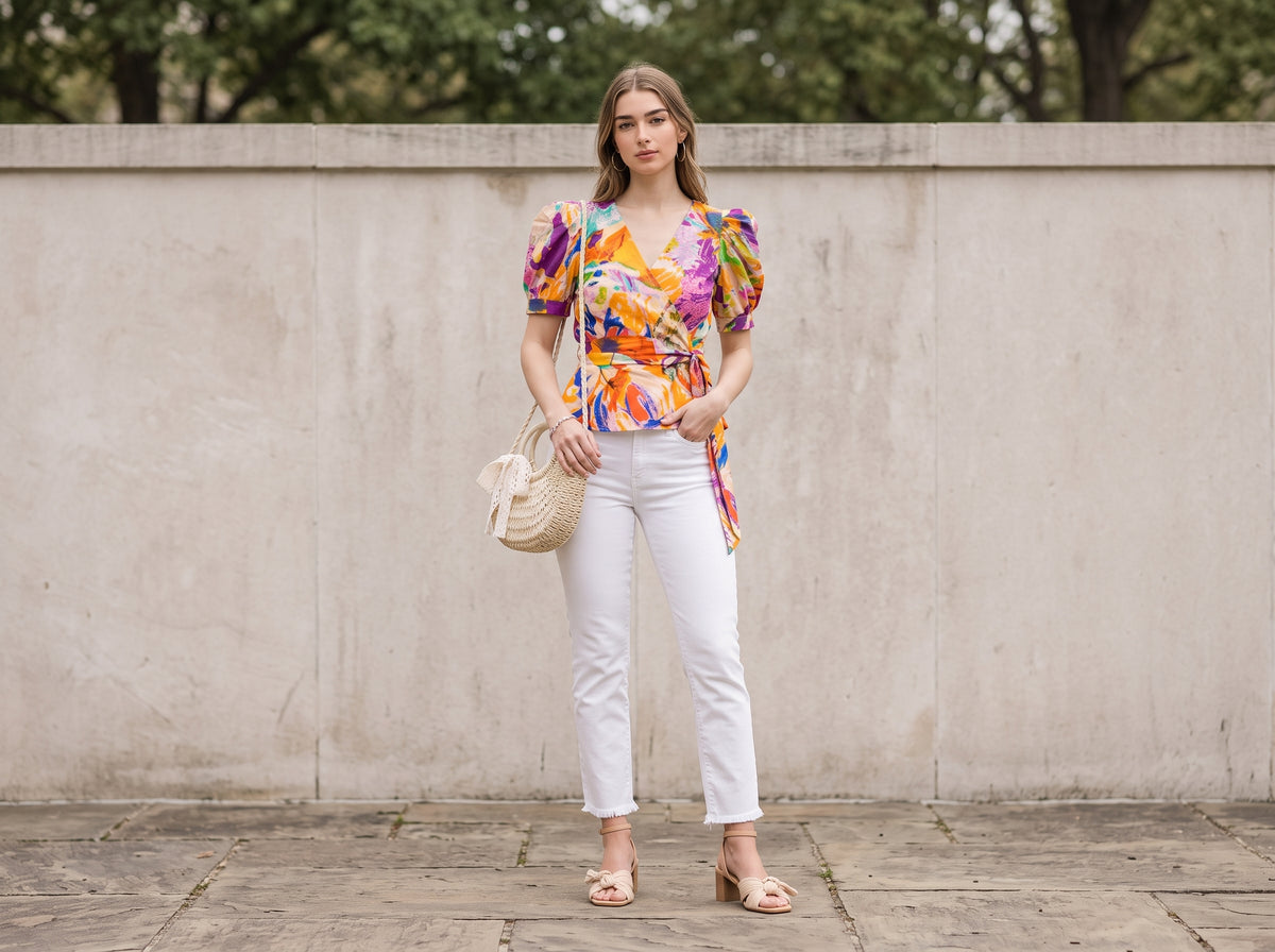 Woman in an orange and purple print poplin wrap top with white cropped jeans, nude sandals and a rattan crossbody