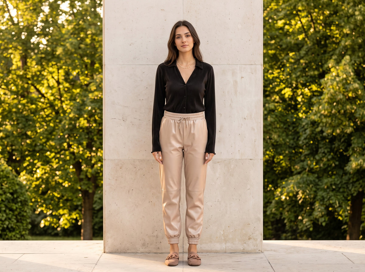 Woman in beige faux leather joggers with a black pleated top, suede chain mules and a pearl necklace
