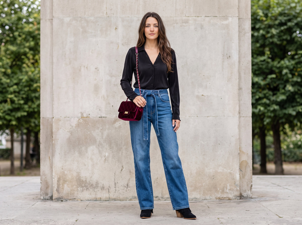 Woman in belted wide-leg jeans with a black pleated top, black fringe boots and a burgundy velvet bag