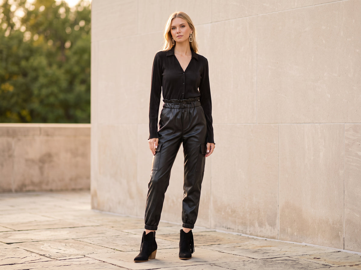 Woman in black faux leather joggers with a black pleated top, black fringe ankle boots and gold drop earrings