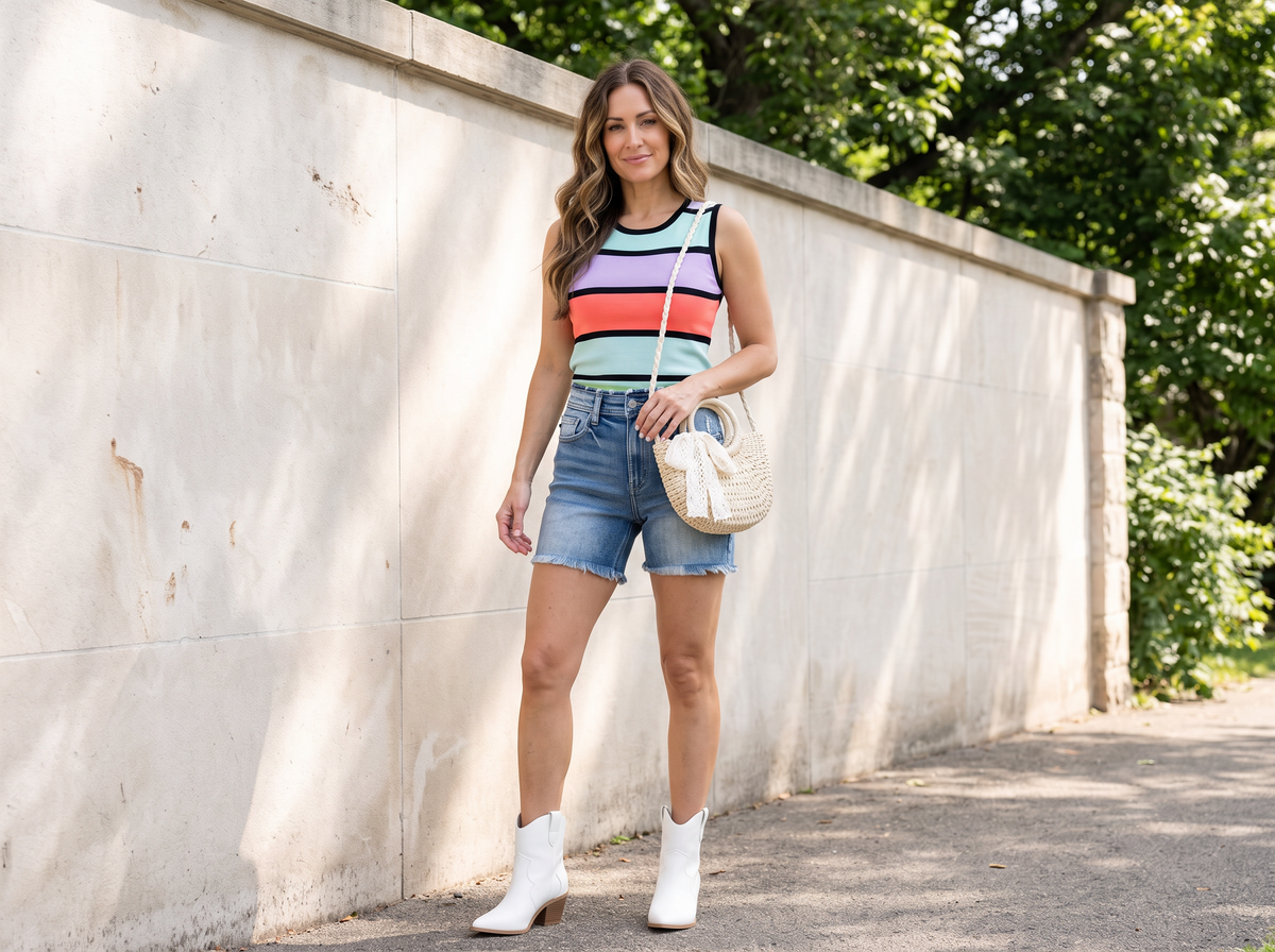 Woman in frayed denim shorts with a striped tank, white western booties and a rattan crossbody