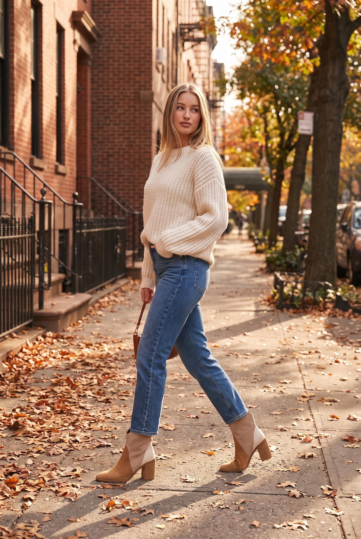 Woman in jeans and a cream sweater wearing the Sadie booties on an autumn street