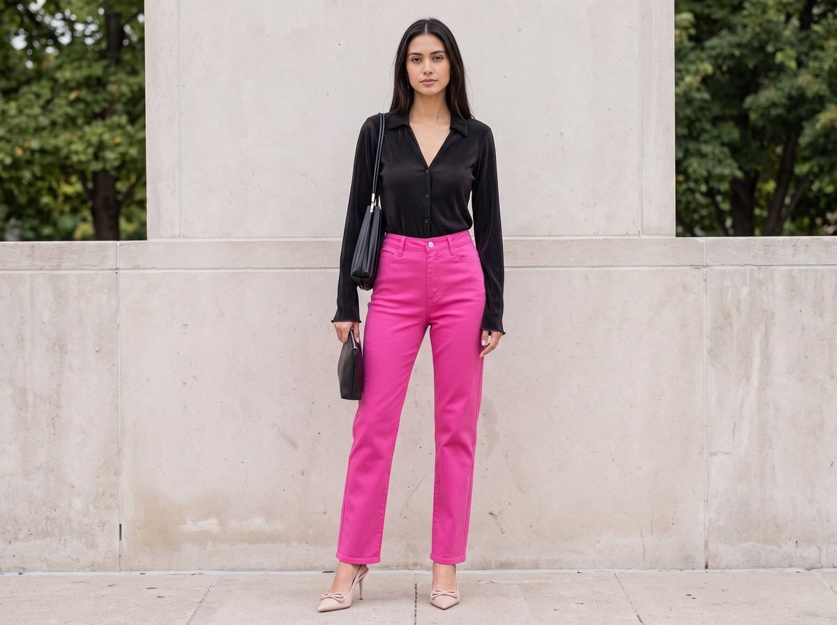 Woman in pink straight twill pants with a black pleated top, nude pumps and a black pleated bag
