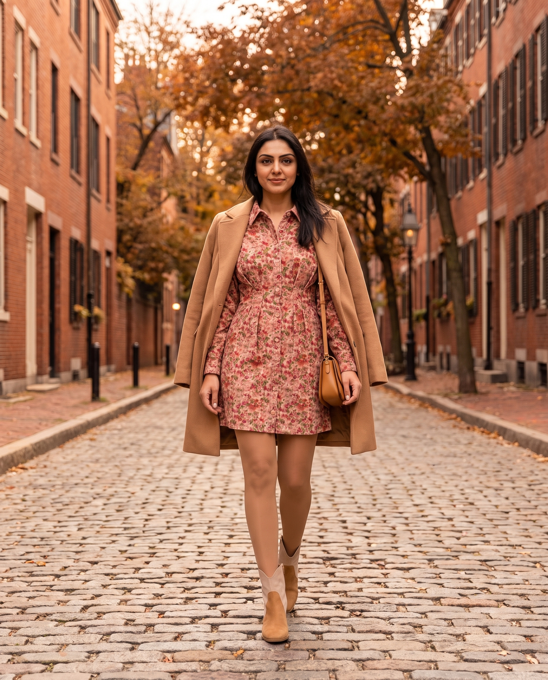 Woman walking down a cobbled autumn street in a floral corduroy mini shirt dress, tri-tone suede ankle booties, a camel coat over her shoulders and a tan shoulder bag