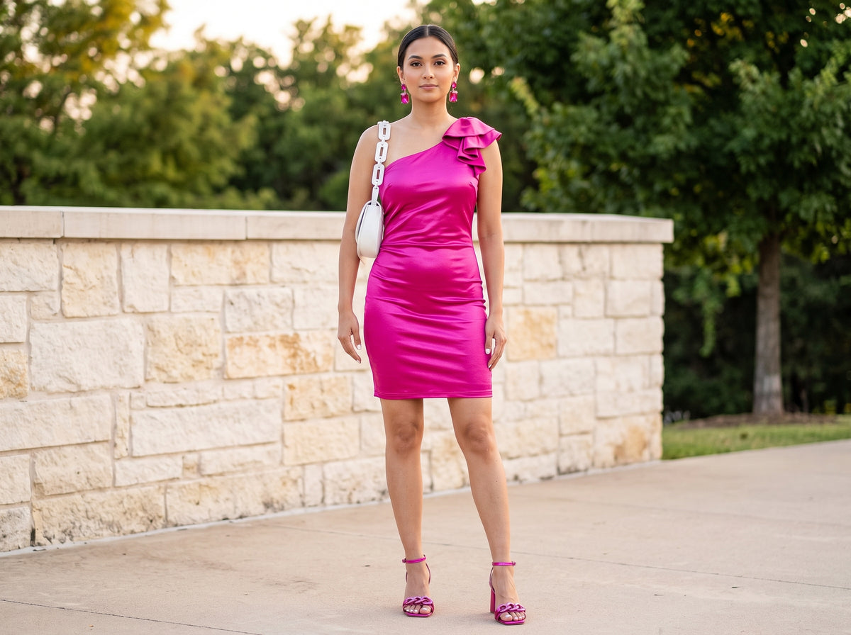Woman wearing fuchsia crystal drop earrings, a pink one-shoulder dress, metallic pink sandals and a white chain shoulder bag