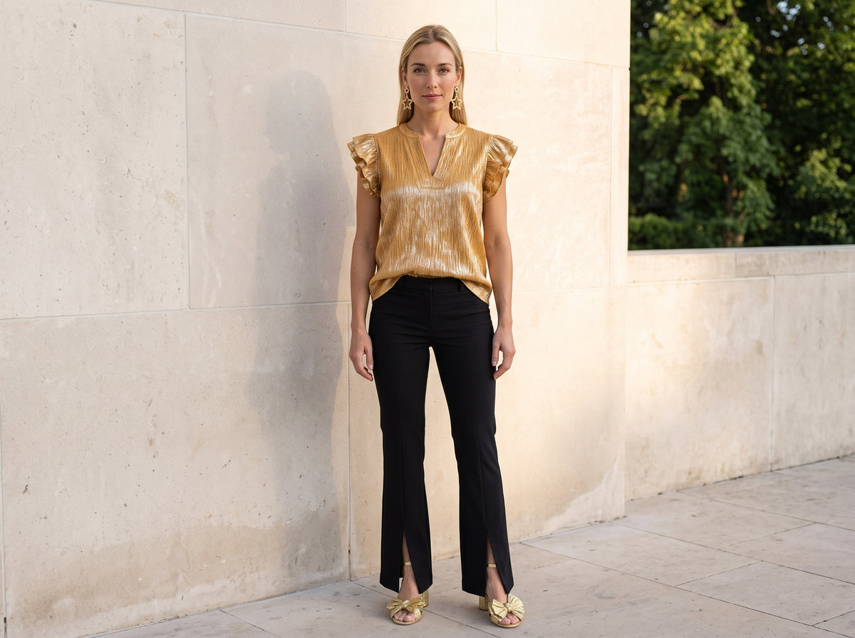 Woman wearing gold double-star drop earrings, a gold ruffle-sleeve top, black flare pants and gold bow heeled sandals