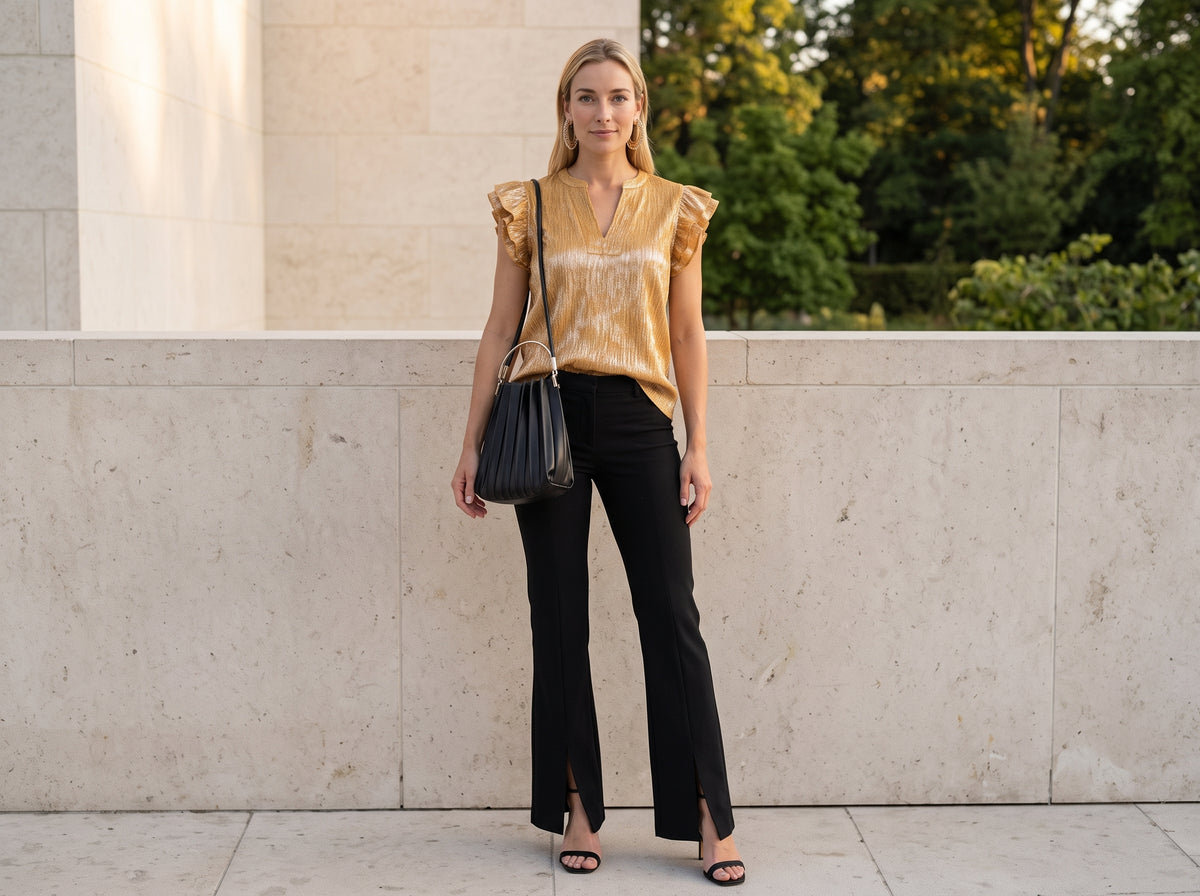 Woman wearing gold Greek key hoop earrings, a gold ruffle-sleeve top, black flare pants and a black pleated shoulder bag
