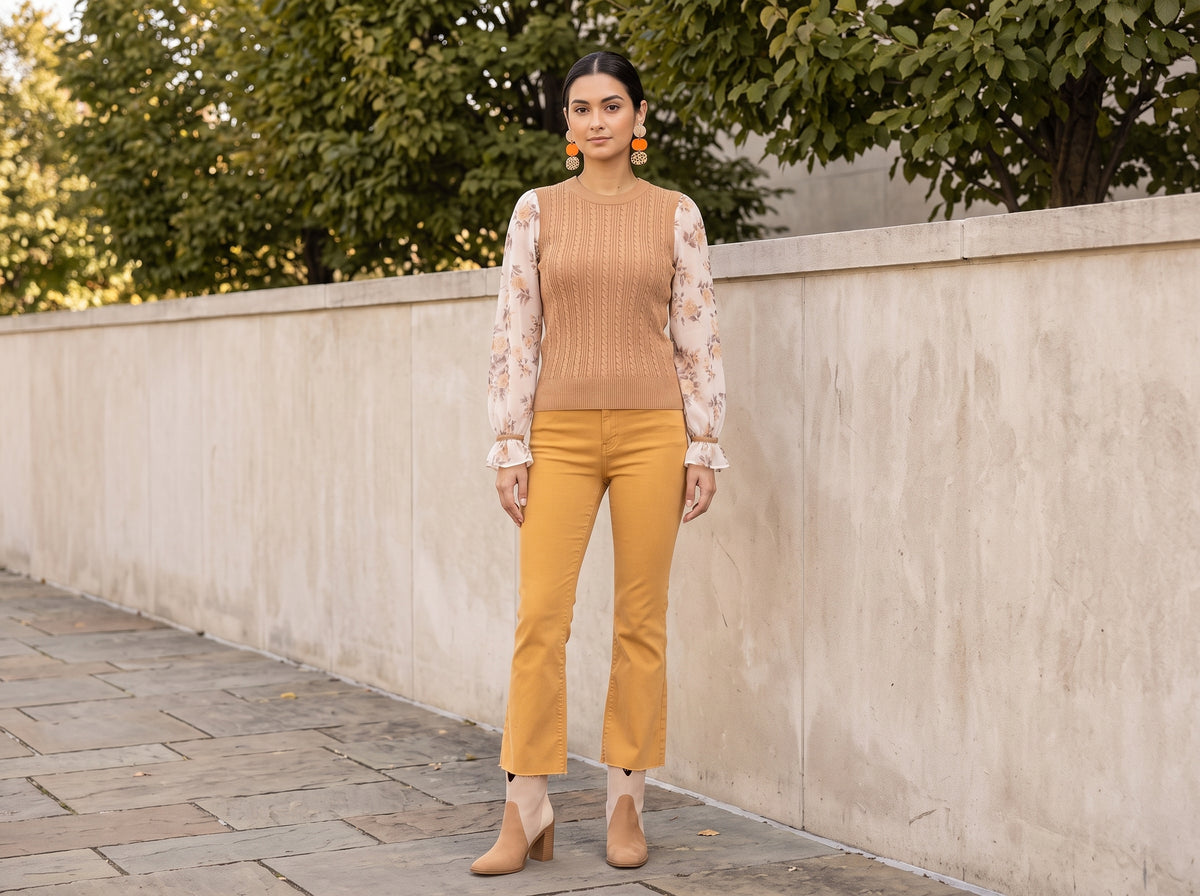 Woman wearing gold, pumpkin and leopard drop earrings, a knit sweater with floral sleeves, mustard flare pants and suede ankle booties