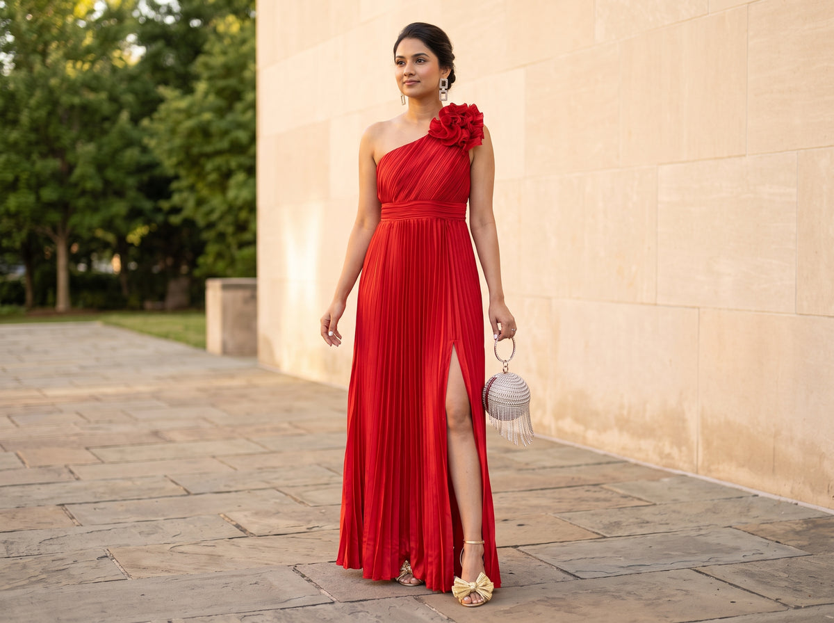Woman wearing rhinestone geometric drop earrings, a red one-shoulder pleated evening gown, gold bow sandals and a crystal fringe clutch