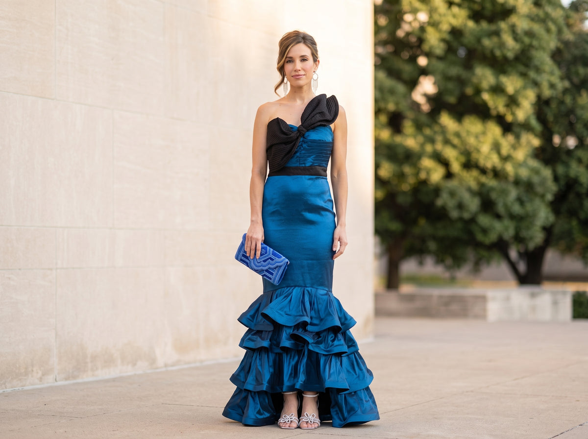 Woman wearing silver chandelier hoop earrings with crystal fringe, a blue and black evening gown, silver ankle-strap sandals and a cobalt beaded clutch