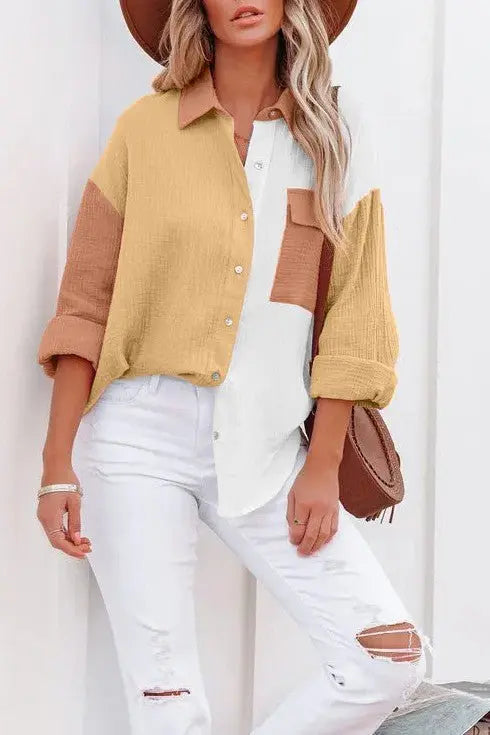 Just Chilling Color Block Button Down Boyfriend Shirt Charmo