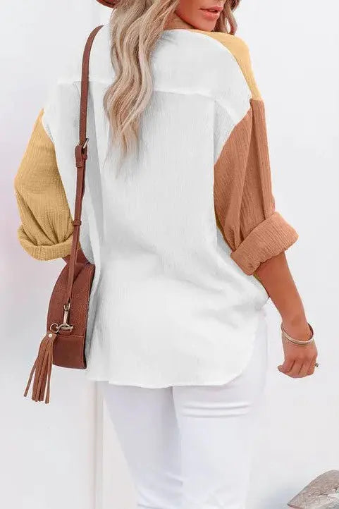 Just Chilling Color Block Button Down Boyfriend Shirt Charmo