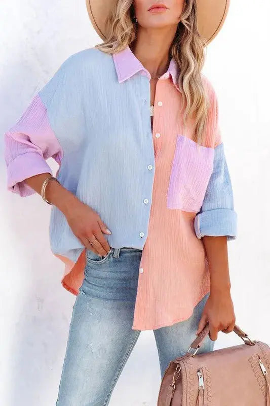 Just Chilling Color Block Button Down Boyfriend Shirt Charmo
