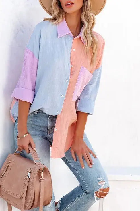 Just Chilling Color Block Button Down Boyfriend Shirt Charmo