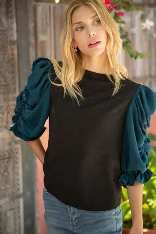Around The Corner Puff Sleeve Textured Knit Top Voy