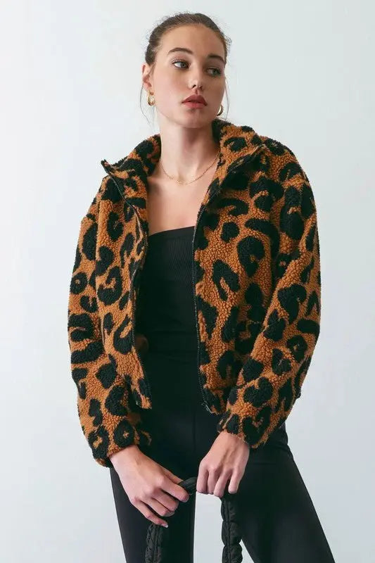 Going Wild Leopard Faux Sherpa Zip Up Jacket Blu Pepper