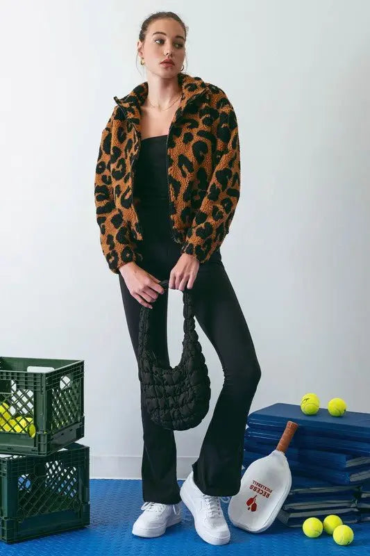 Going Wild Leopard Faux Sherpa Zip Up Jacket Blu Pepper