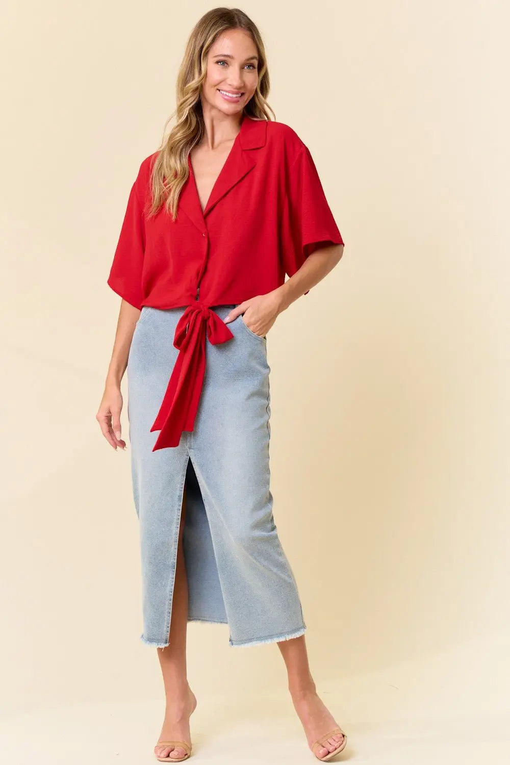 Want You Back Midi Front Slit Denim Skirt Saints & Hearts