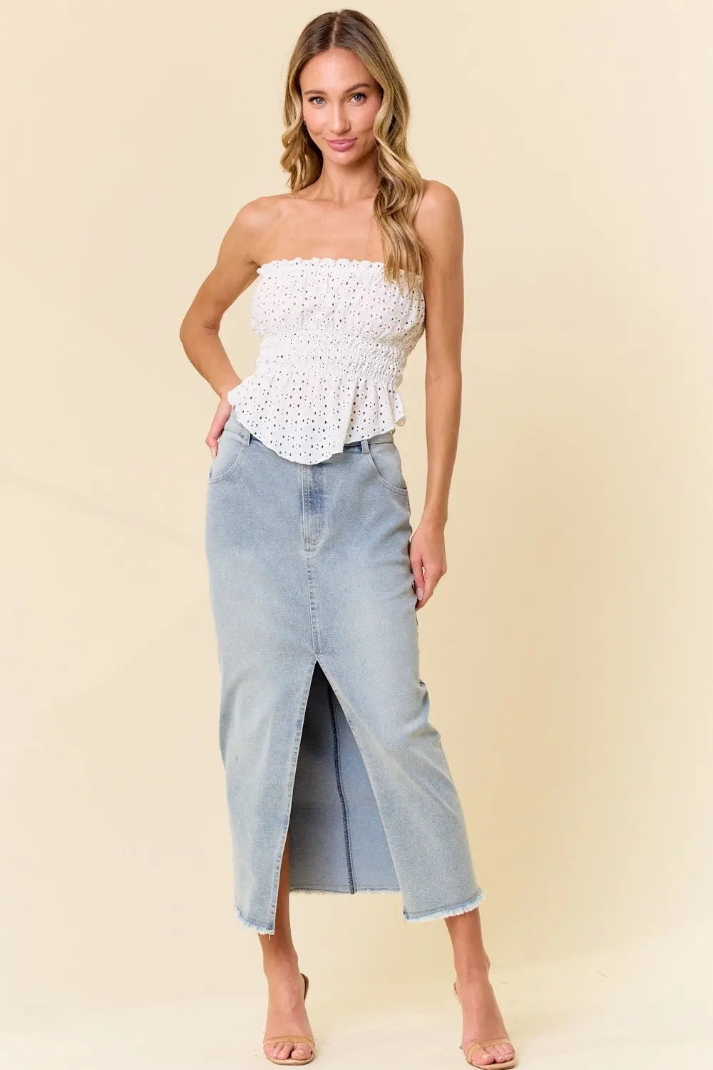 Want You Back Midi Front Slit Denim Skirt Saints & Hearts