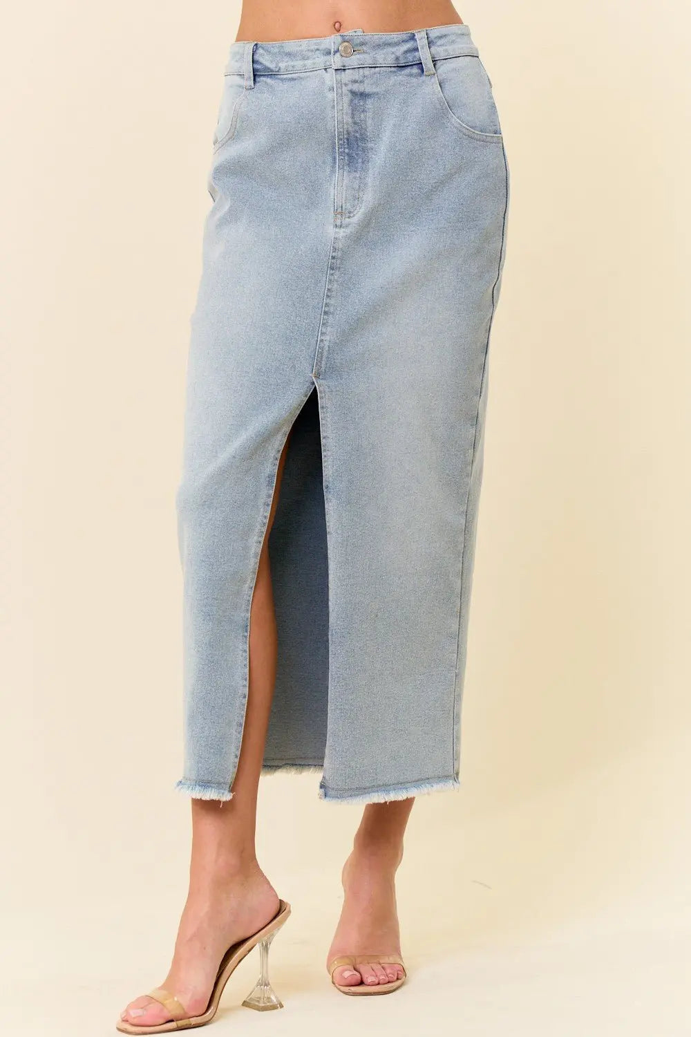 Want You Back Midi Front Slit Denim Skirt Saints & Hearts