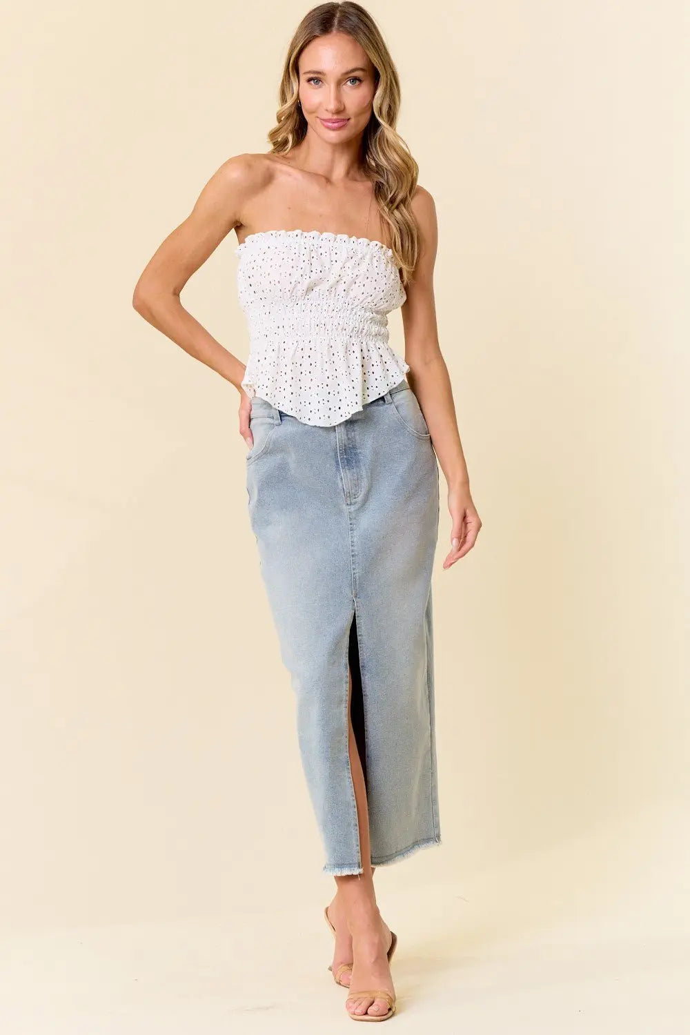 Want You Back Midi Front Slit Denim Skirt Saints & Hearts
