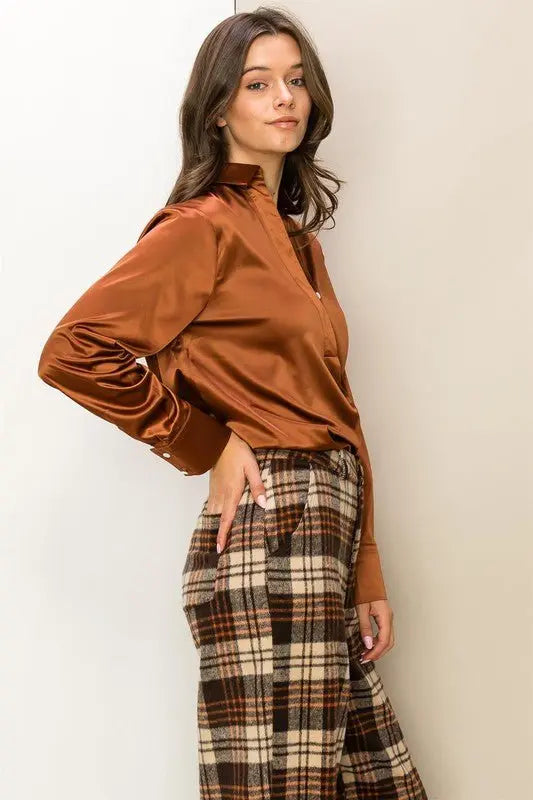 Hang in there Satin Half Placket Blouce HYFVE