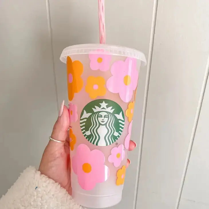 Myla Pink & Orange Retro Flowers Iced Coffee Starbucks Cup Lovely JEN's Designs
